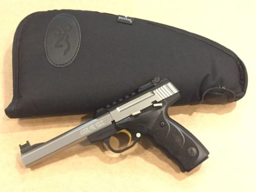 pistolet Browning BuckMark Inox. crosse Black lamellée guidon Truglo 5,5" Bull barrel cal. 22 lr.